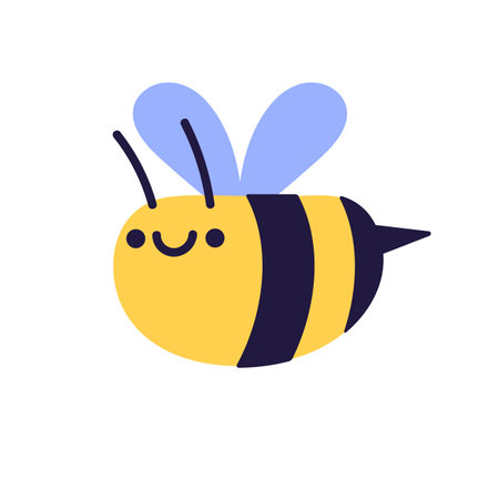Funny honey bee flies. Cute honeybee with smile face, happy facial expression. Stylized friendly bumblebee. Adorable flying striped insect. Flat isolated vector illustration on white backgroundのイラスト素材