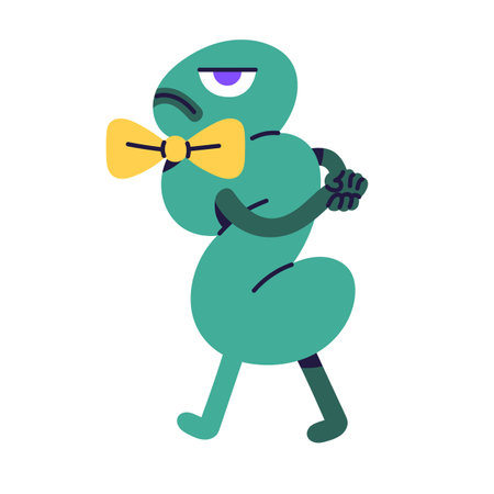 Dissatisfied worm with bow walks, crosses hands behind back. Irritated, angry character with negative emotion, discontent on facial expression. Flat isolated vector illustration on white backgroundのイラスト素材