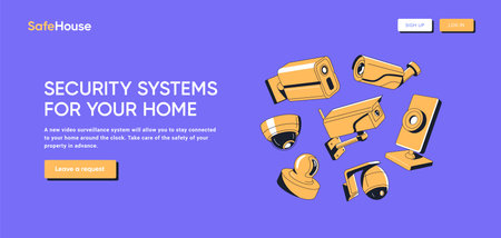 Video surveillance systems web banner. Website design of different types of digital security cameras. Promo page of CCTV, equipment for monitoring streets and houses safety. Flat vector illustrationのイラスト素材
