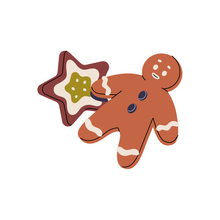 Christmas gingerbreads with human and star shapes. Traditional Xmas ginger breads. Cute biscuits, cookies. Winter holiday bakery, baked food. Flat isolated vector illustration on white backgroundのイラスト素材