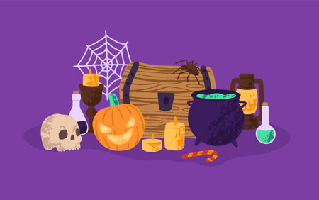Halloween composition. Spooky old witch cauldron for witchcraft, alchemy. Scary Helloween decorations on still life: creepy pumpkins, skull, poison. Flat isolated hand drawn vector illustrationのイラスト素材