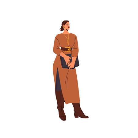 Fashion business woman standing with tied up hair, wearing dress with slit, belt. Businesswoman in stylish outfit holds laptop bag in hands. Flat isolated vector illustration on white backgroundのイラスト素材