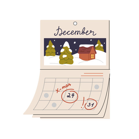 Cute wall calendar with December. Countdown of winter holidays advent. Marked numbers, days of Christmas and New Year on page. Xmas decoration. Flat isolated vector illustration on white backgroundのイラスト素材