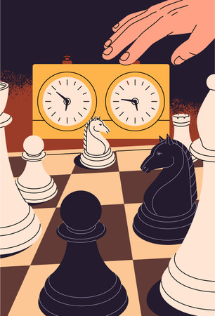 People play chess, tactic board game with figures. Hand presses to clock to end of move. White and black chessmen are on chessboard poster. Concept of business strategy. Flat vector illustrationのイラスト素材