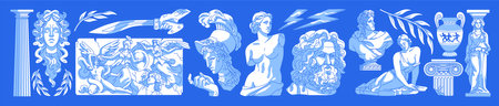 Set of ancient Greek statues. Art mythology of Greece. Antique sculptures of goddesses, womans head with snakes, old columns, marble relief, gypsum bust, vase. Flat isolated vector illustrationsのイラスト素材