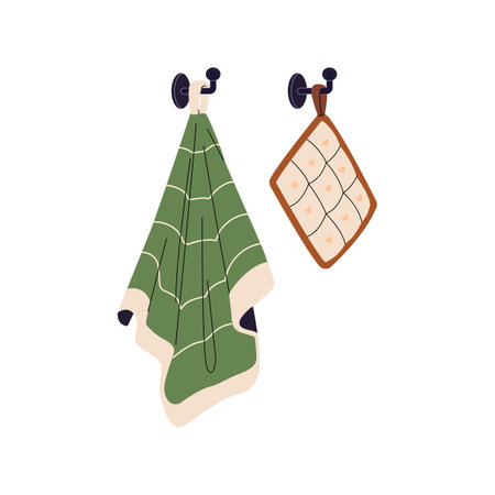 Kitchen towel and oven mitt hanging on hooks. Dishtowel, rag, cloth to wipe dish. Checkered potholder. Home accessories. Textile utensils. Flat isolated vector illustration on white backgroundのイラスト素材