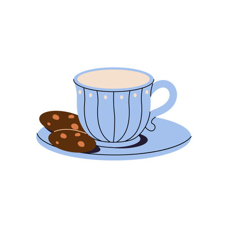 Pretty blue teacup on dish. Pottery cup of tea with tasty cookies on saucer. Ceramic mug of coffee with biscuits. Tableware for hot drinks. Flat isolated vector illustration on white backgroundのイラスト素材