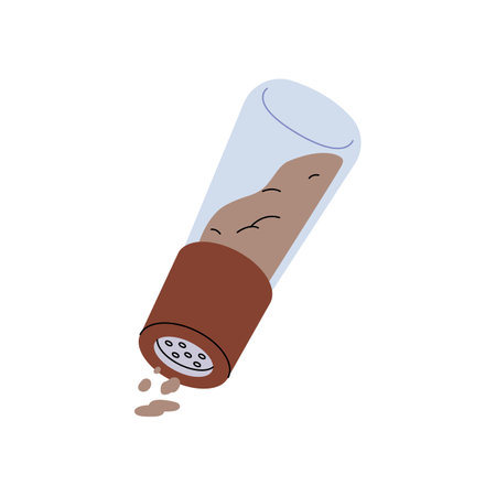 Icon of salt shaker with black pepper. Spice pours from glass jar. Upside down container of powder, seasoning. Kitchen utensil for cooking. Flat isolated vector illustration on white backgroundのイラスト素材