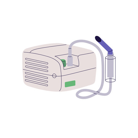 Nebulizer icon. Medical equipment to inhale remedy. Aerosol with oxygen to assistance in asthma. Asthmatic inhaler. Air compressor for breathing. Flat isolated vector illustration on white backgroundのイラスト素材