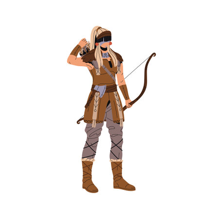 Viking holds bow, reaches to arrows. Medieval Barbarian with weapon in hand. Ancient Scandinavian woman hunting. Nordic warrior, soldier in animal skin. Flat isolated vector illustration on whiteのイラスト素材