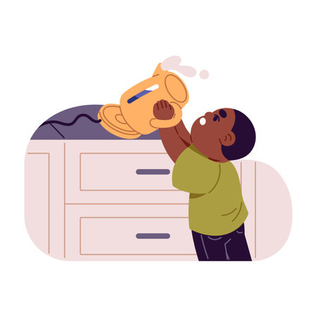 Scared little boy drops boiling teapot. Child takes and fails electric kettle with hot water. Kid is at risk of burns. Dangers in kitchen. Flat isolated vector illustration on white backgroundのイラスト素材