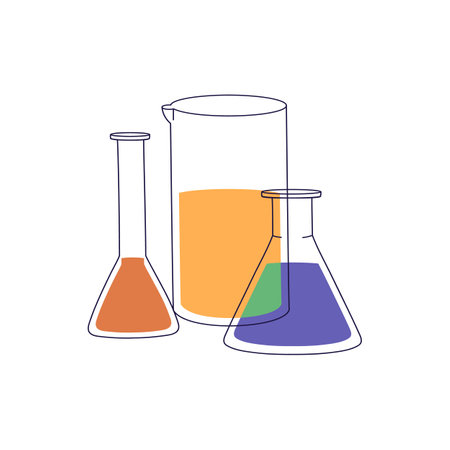 Beakers with colored liquids. Flasks of chemical laboratory. Glass tubes with fluids for science researches in pharmacy lab. Icon of chemistry. Flat isolated vector illustration on white backgroundのイラスト素材