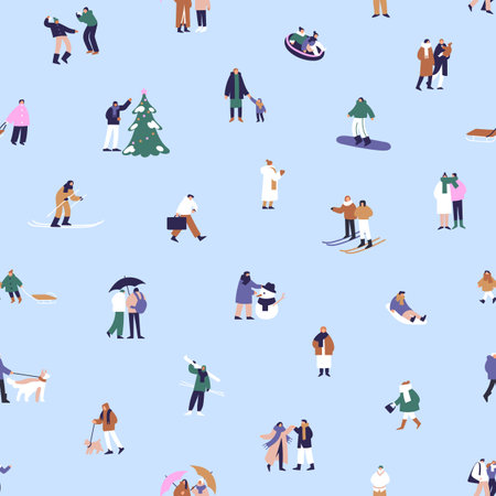 People have fun in winter holidays repeatable pattern. Happy friends, couples ski, play snowballs, walk outdoors. Endless background with wintertime activities. Flat seamless vector illustrationのイラスト素材