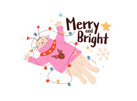 Happy cat in Christmas sweater lying with Xmas garland. New year kitten plays. Winter holiday congratulation phrase on sticker with cute kitty. Flat isolated vector illustration on white backgroundのイラスト素材