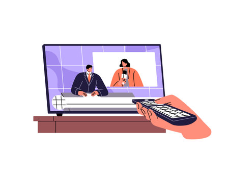 Person watching TV show, broadcast, breakingÂ news, journalists report, telecasts. Character changing channels with television remote in hand. Flat isolated vector illustration on white backgroundのイラスト素材