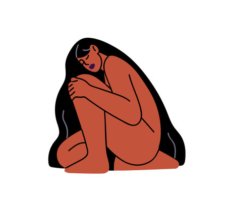 Happy young woman with naked body hugs herself. Sensual nude girl with long hair sits, cuddles her leg. Concept of self care, love and acceptance. Flat isolated vector illustration on white backgroundのイラスト素材