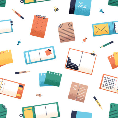 Repeatable pattern of different open notebooks and school stationery. Notepads with empty pages, paper planners for notes, pencils, pins on endless background. Flat seamless vector illustrationのイラスト素材