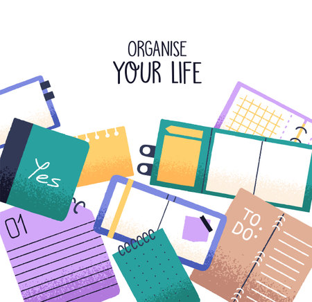 Design of inspiration card with paper organizers, planners. Background with open notebooks, notepad with empty pages for notes, records. Personal diary, to do list, calendar. Flat vector illustrationのイラスト素材