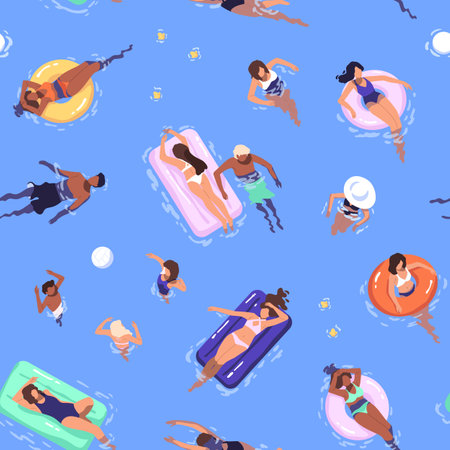 Repeatable pattern of people floating with inflatable circles, mattresses in swimming pool. Endless background with tourists have fun in water park, sea in summer. Flat seamless vector illustrationのイラスト素材