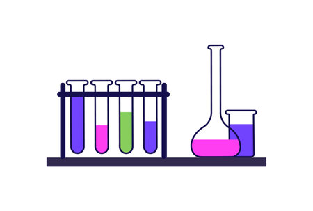 Glass tubes with chemicals in medical lab. Beakers, measuring cup for scientific experiment. Laboratory equipment, instrument. Icon of chemistry. Flat isolated vector illustration on white backgroundのイラスト素材