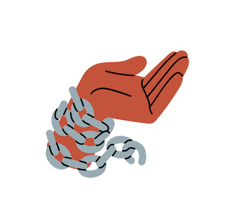 Iron chains wrapped around slave hand. Metal shackles on arm. Icon of emancipation from slavery. Symbol of independence, freedom, liberation from dependence. Flat isolated vector illustration on whiteのイラスト素材