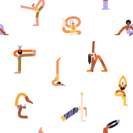 Repeatable pattern of training women. Endless background with people practice yoga poses, asanas. Funny girls do sports exercises, fitness, gymnastic workout. Flat seamless vector illustrationのイラスト素材