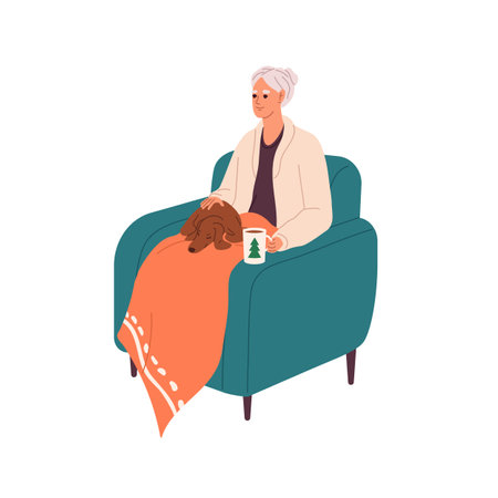 Happy old woman with blanket sits in armchair. Senior lady relaxes with funny dog on her knees. Granny has a rest with cup of hot Xmas drink. Flat isolated vector illustration on white backgroundのイラスト素材