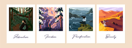 Set of instant print photos with landscapes. Cards with memory about travels at nature. Photographs...