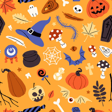 Repeatable pattern of Halloween decoration. Endless background with spooky skulls, creepy pumpkins, witch hats, bats for Helloween party. Scary October holiday. Flat seamless vector illustrationのイラスト素材