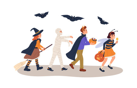 Children in masquerade costumes: witch, mummy, devil. Kids disguised for Halloween carnival go to the party. Boys, girls with pumpkin, broom, bat. Flat isolated vector illustration on white backgroundのイラスト素材