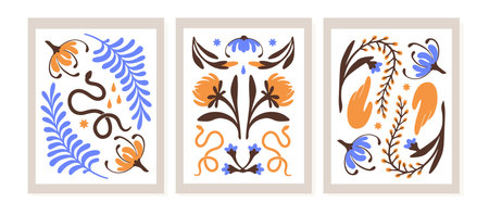 Set of vertical posters with abstract wildflowers. Stylish flowers, blossom plants with leaves and esoteric snakes. Floral wall art for modern interior decoration. Flat vector illustrationsのイラスト素材