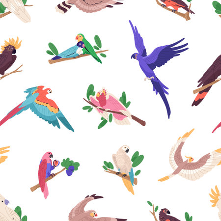 Repeatable pattern of different exotic parrot. Endless background with various tropical birds of jungle. Cute cockatoos, flying macaws, colourful budgerigars. Flat seamless vector illustrationのイラスト素材