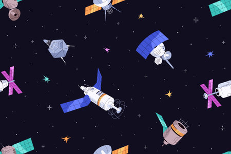 Endless background with outer space and different cosmic stations. Repeatable pattern of artificial satellites of Earth. Spacecrafts, shuttles fly in cosmos. Flat seamless vector illustrationのイラスト素材