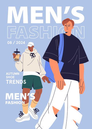 Design of fashion magazine cover. Template of poster with men in brands clothes. Stylish boys wearing trendy outfits. Male models on vogue page with headlines, text. Flat vector illustrationのイラスト素材