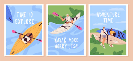 Kayaking posters set. People sailing on river on canoe. Happy friends do rafting. Characters with paddle rowing on boat on waving water. Extreme activity on lake in summer. Flat vector illustrationsのイラスト素材