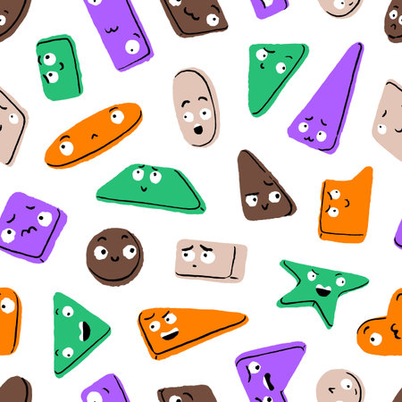 Repeatable pattern of different geometric shapes with happy, sad, angry, curious emotions. Cute...