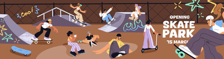 Skate park advertising banner design. Promotion of event in skatepark for skaters and young peoples. Skateboarders jump, do sport stunts, extreme tricks with board on ramps. Flat vector illustrationのイラスト素材