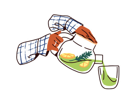 Female hand with glass teapot of green tea with lemon and cup. Woman pours herbal beverage into mug. Teacup of organic hot drink with herb leaves. Flat isolated vector illustration on white backgroundのイラスト素材