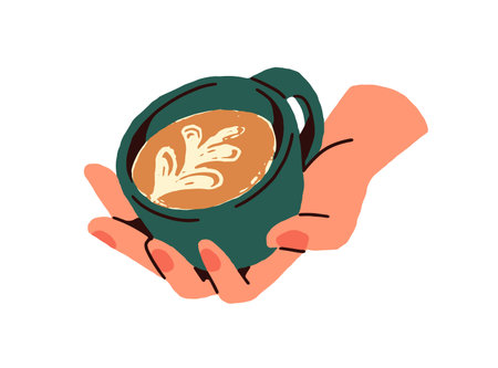 Woman holds pottery cup of milk coffee with pattern on cream foam. Female hand with mug of cappuccino, warm beverage. Teacup of hot drink, latte. Flat isolated vector illustration on white backgroundのイラスト素材