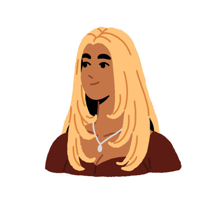 Avatar of happy young woman with blonde hair smiles. Cute female portrait for user profile. Pretty face of positive Latin girl with necklace. Flat isolated vector illustration on white backgroundのイラスト素材