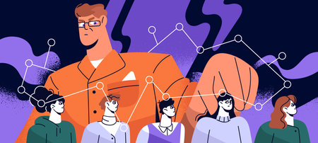 Concept of manipulation. Leader has authority and dominates above crowd minds. Dictator, Big Brother influences, controls dependence people, manages marionettes, puppets. Flat vector illustrationのイラスト素材