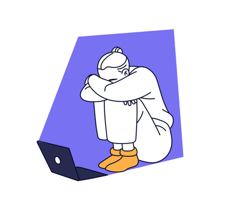Lonely girl crying, hides face. Unhappy woman in apathy, get burnout. Depressed person anxious about work. Sad character with laptop suffers alone. Flat isolated outline vector illustration on whiteのイラスト素材