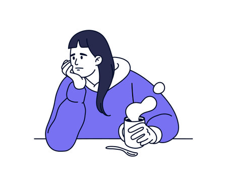 Sad woman in apathy. Depressed girl with cup of coffee despairs. Unhappy bored person in crisis, burnout. Pensive character with negative emotions, bad mood. Flat isolated outline vector illustrationのイラスト素材