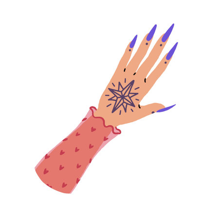 Female hand with star shape tattoo top view. Woman with long blue nails and mehendi pattern, drawing on her palm. Girl with bright manicure. Flat isolated vector illustration on white backgroundのイラスト素材