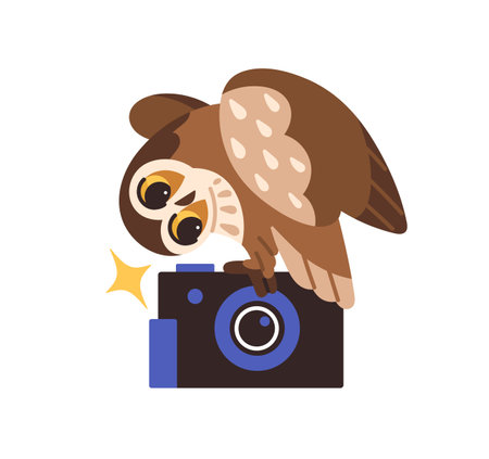 Happy owl takes photo by camera with flash. Funny talented owlet does photography. Amusing wise bird does creative photographs, snapshots. Flat isolated vector illustration on white backgroundのイラスト素材