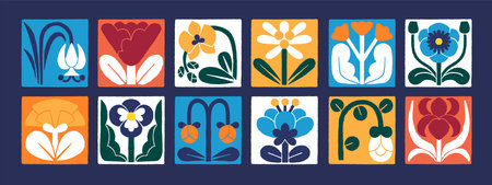 Abstract floral icons set. Cards with whimsical blossom flowers. Modern collage with creative geometric blooming plants, wildflowers. Trendy stylized botanical decoration. Flat vector illustrationsのイラスト素材