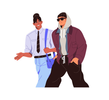Happy young men, friends walk together. International students, colleagues communicate, talk on the go. People in autumn outfit stroll outdoors. Flat isolated vector illustration on white backgroundのイラスト素材