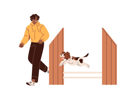 Trainer teaches dog to overcome obstacle course, agility equipment. Owner has fun with puppy. Happy pup jumps over barrier, plays during walk. Flat isolated vector illustration on white backgroundのイラスト素材
