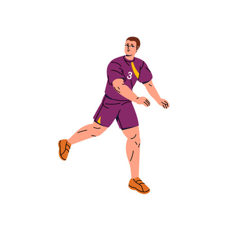 Football or volleyball player in uniform runs. Professional athlete in sports clothes plays soccer. Sportsman in rushes during competition, match. Flat isolated vector illustration on white backgroundのイラスト素材