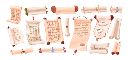 Set of different ancient scrolls. Antique parchments with map of treasures, letters. Open and closed medieval paper rolls, old papyruses with manuscripts. Flat isolated vector illustrations on whiteのイラスト素材